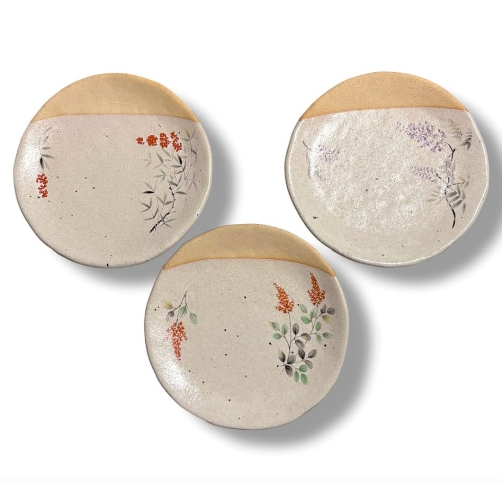 Japanese Floral Hand Painted Ceramic Partially Glazed Plates Set of Three